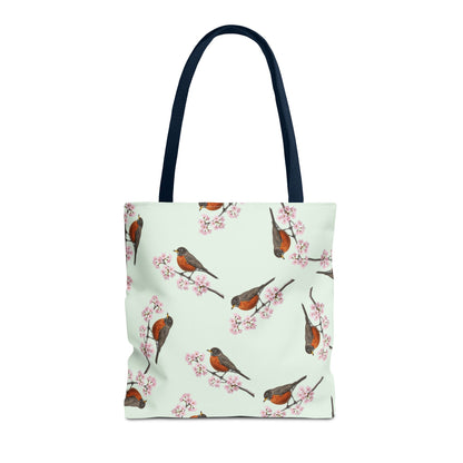 American Robin & Cherry Blossom Tote Bag Sage Green | Birding Birdwatcher Accessory – Accessories, Bags