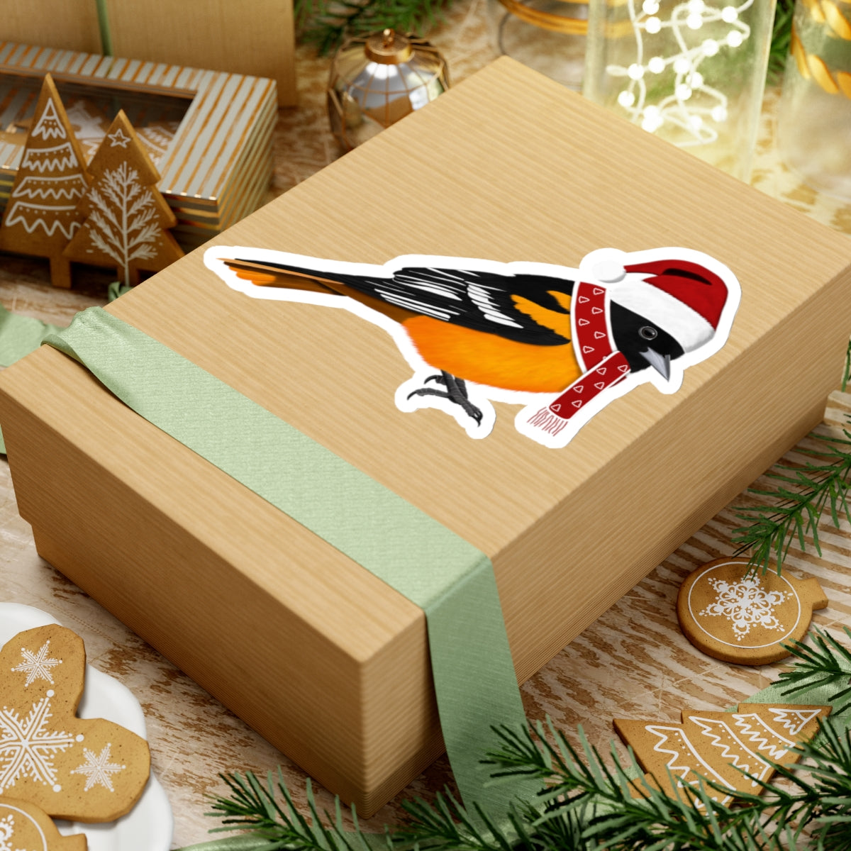 Baltimore Oriole with Santa Claus Hat and Scarf Christmas Bird Sticker