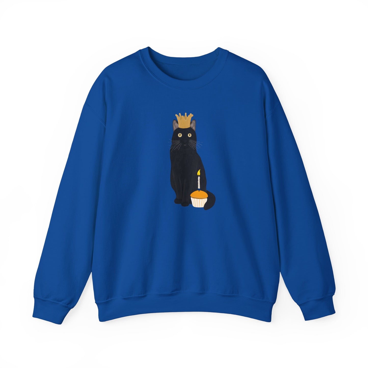 Black Birthday Cat with Muffin and Golden Crown Cat Lover Sweatshirt