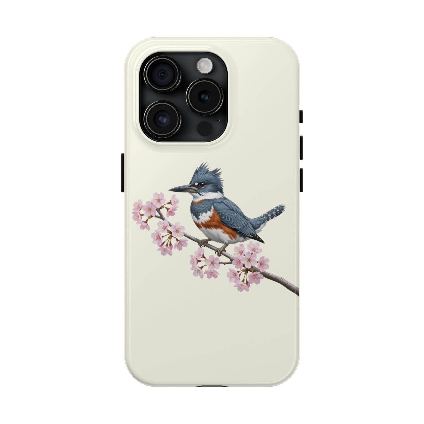 Belted Kingfisher & Cherry Blossom Tough iPhone Case Creamy White