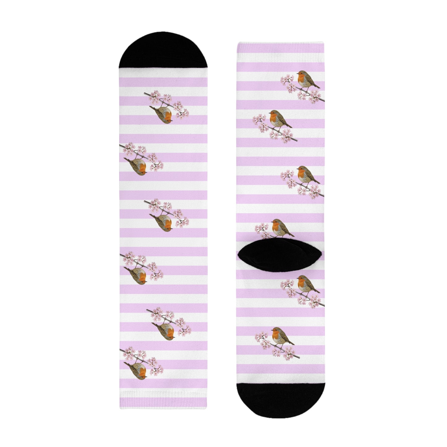 Chaussettes Rouge-Gorge avec fleurs de cerisier | Chaussettes rayées blanc et rose avec des motifs d'oiseaux