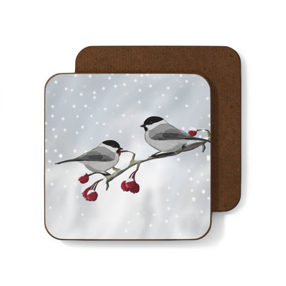 Willow Titmice on a Winter Branch Christmas Bird Hardboard Coaster