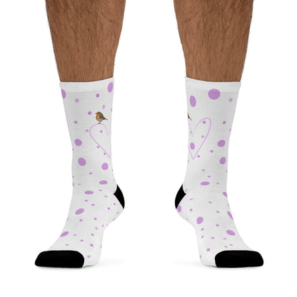 European Robin Valentine's Day Pink Heart and Dots Bird Socks White