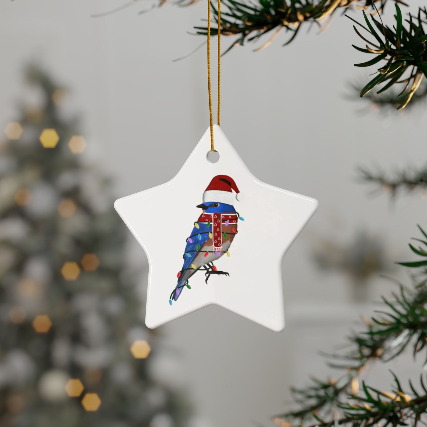 Bluebird as Santa Ceramic Bird Christmas Ornament | Durable Double-Sided Bird Lover Decor