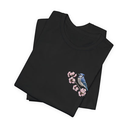Blue Jay Cherry Blossom T-Shirt | Floral Spring Tee for Bird Lovers