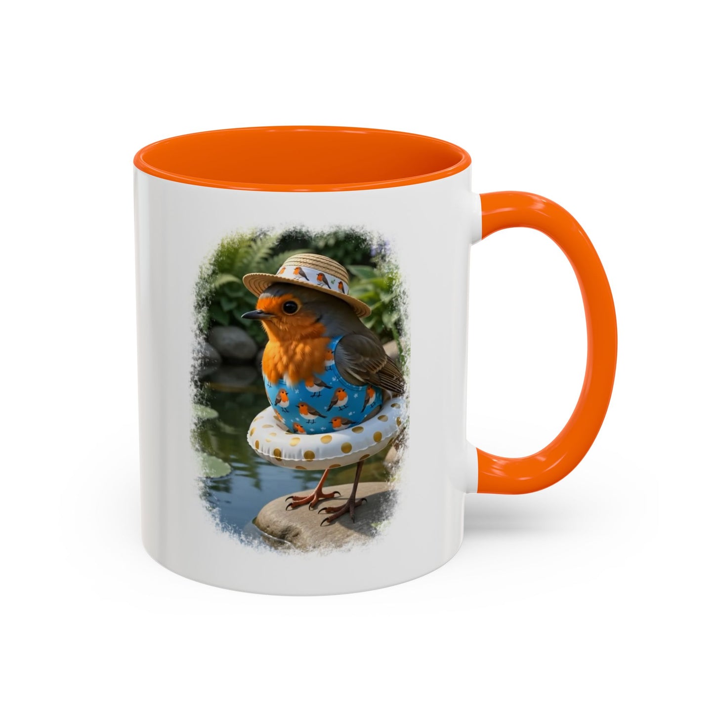 Rosi Rotkehlchen am Gartenteich Keramiktasse – Kaffeebecher mit farbigem Henkel