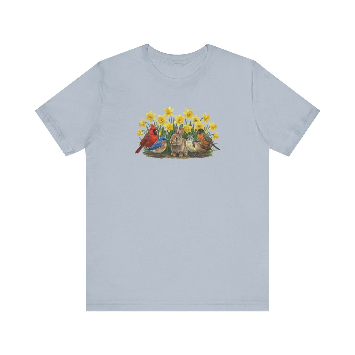 Spring Garden Tee – Bunny, Cardinal & Bluebird | Botanical Easter T-Shirt