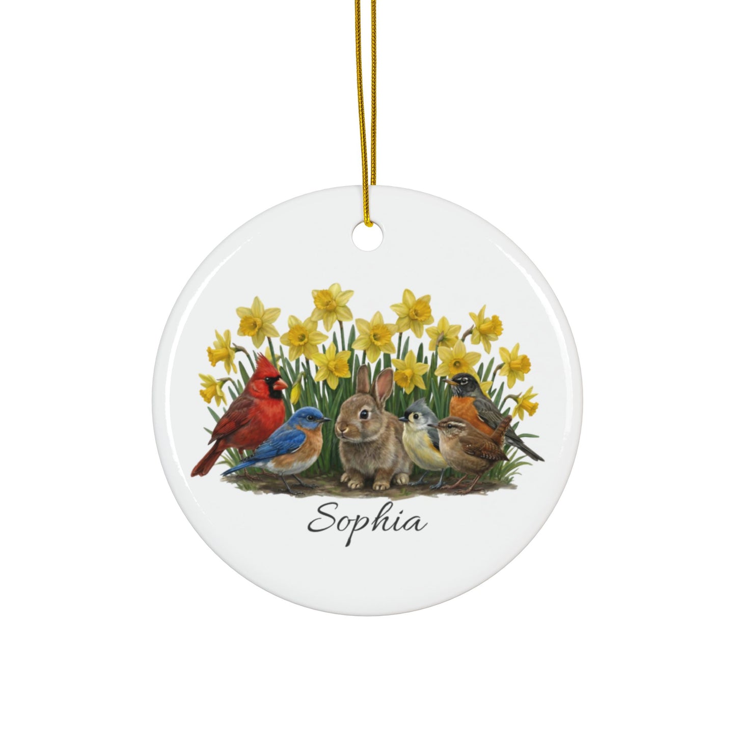 Personalized Bunny & Birds — Custom Name Ceramic Easter Basket Tag & Ornament