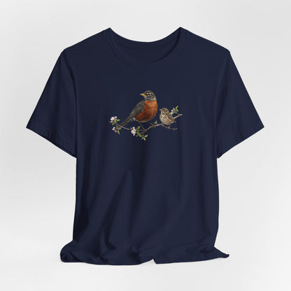 American Robin & Fledgling T-Shirt | Spring Blossoms Unisex Graphic Tee