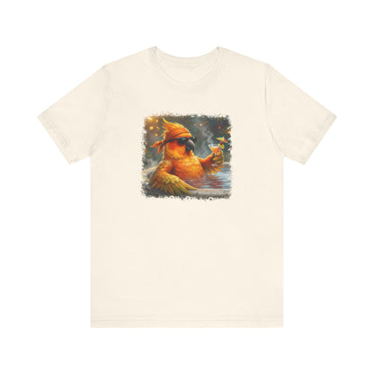 Funny Sun Parakeet T-Shirt | Bird with Sunglasses & Drink | Unisex Summer Tee