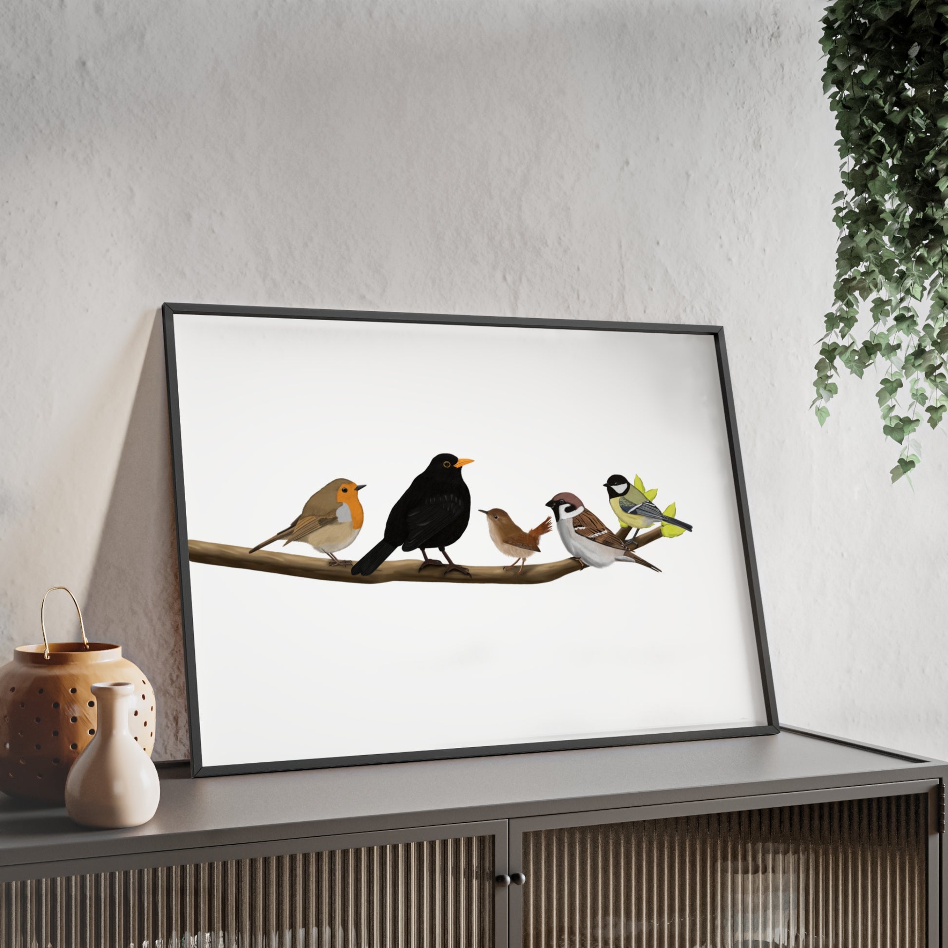 Vogel Poster im Holzrahmen - Vögel auf einem Ast Poster Amsel Rotkehlchen Zaunkönig Spatz Kohlmeise