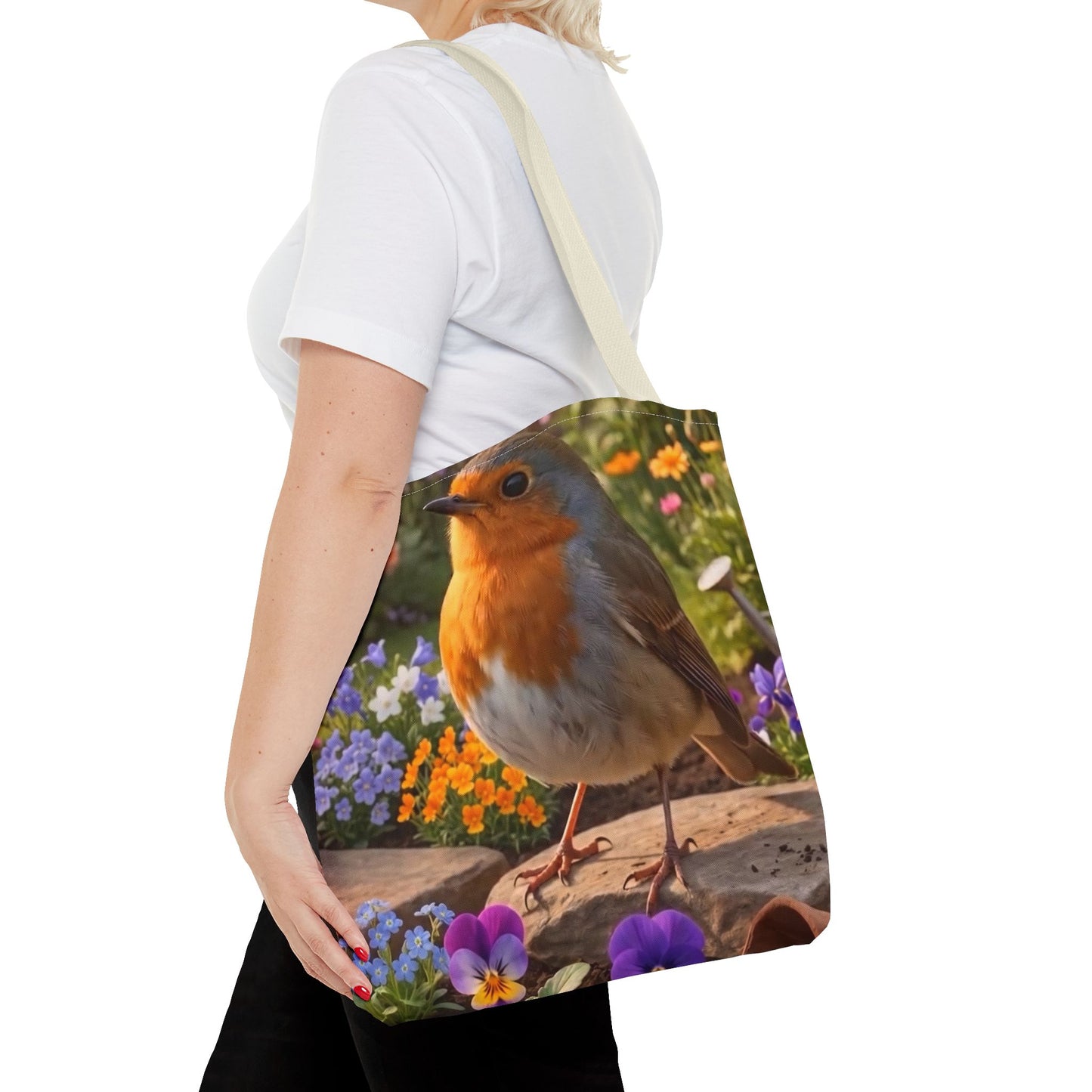 Robin Rosi Flower Bed Tote Bag - Cute Backyard Bird Watcher Gift