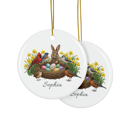 Personalized Bunny, Birds & Daffodils — Custom Name Ceramic Easter Basket Tag & Ornament