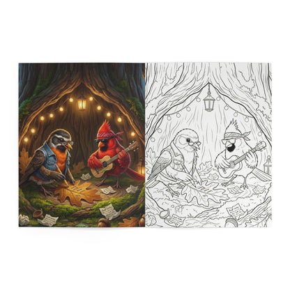 Colorful illustration of two birds playing music with a white version for coloring.