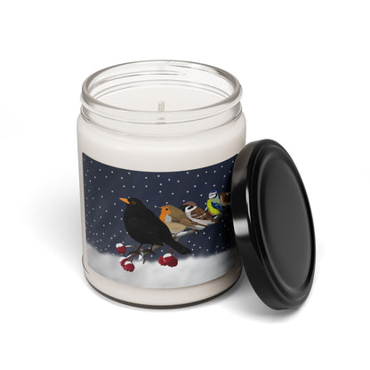 Blackbird European Robin Wren on a Winter Branch Christmas Bird Art Scented Soy Candle, 9oz