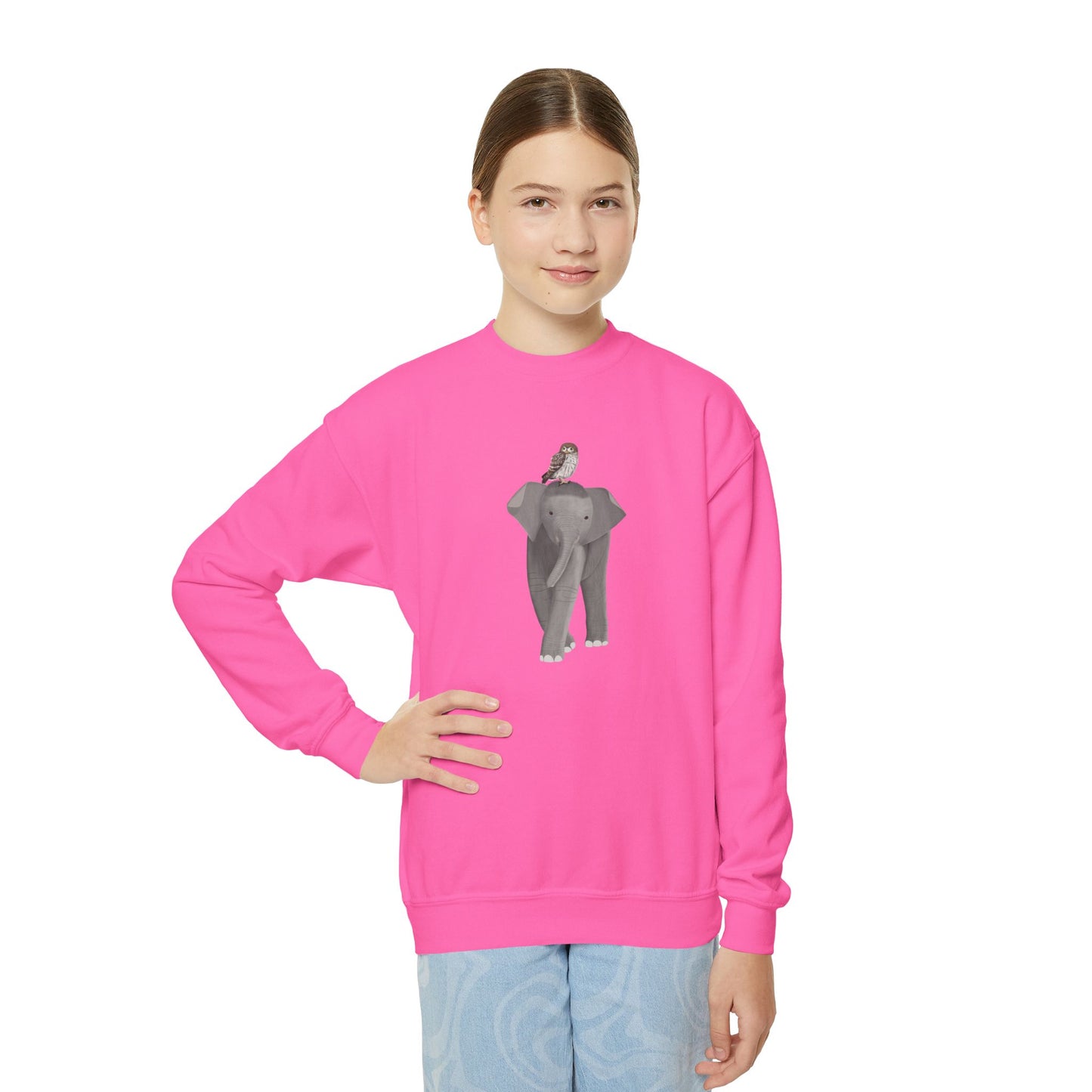 Elephant with Little Owl Bird Youth Crewneck Sweatshirt