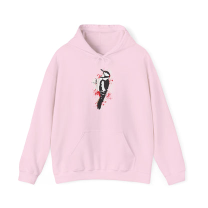 Buntspecht Hoodie – Motiv-Kapuzenpullover im Art-Design mit Sprenkel-Hintergrund