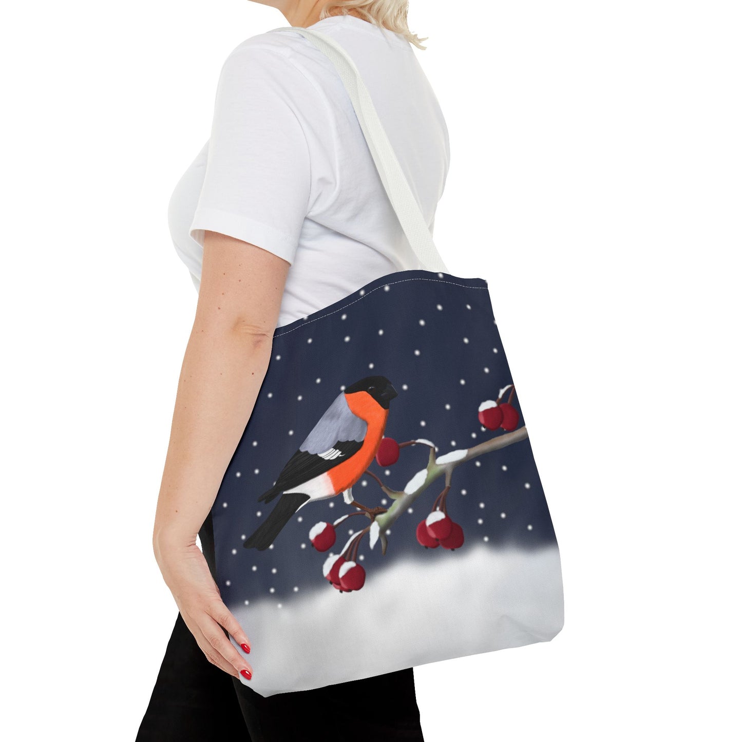 Bullfinch on a Winter Branch Christmas Bird Tote Bag 16"x16"