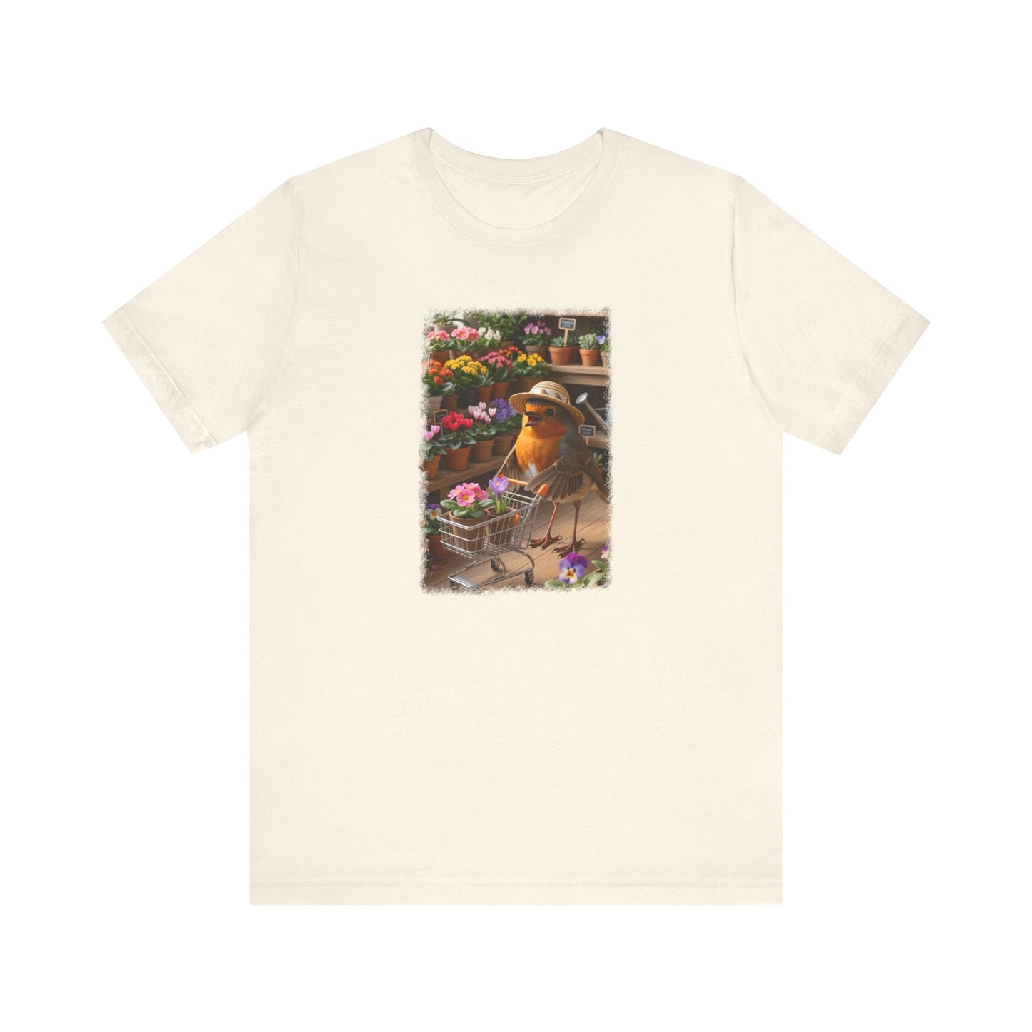 Lustiges Rotkehlchen T-Shirt mit vollem Blumen-Einkaufswagen | Niedliches Pflanzen-Motiv