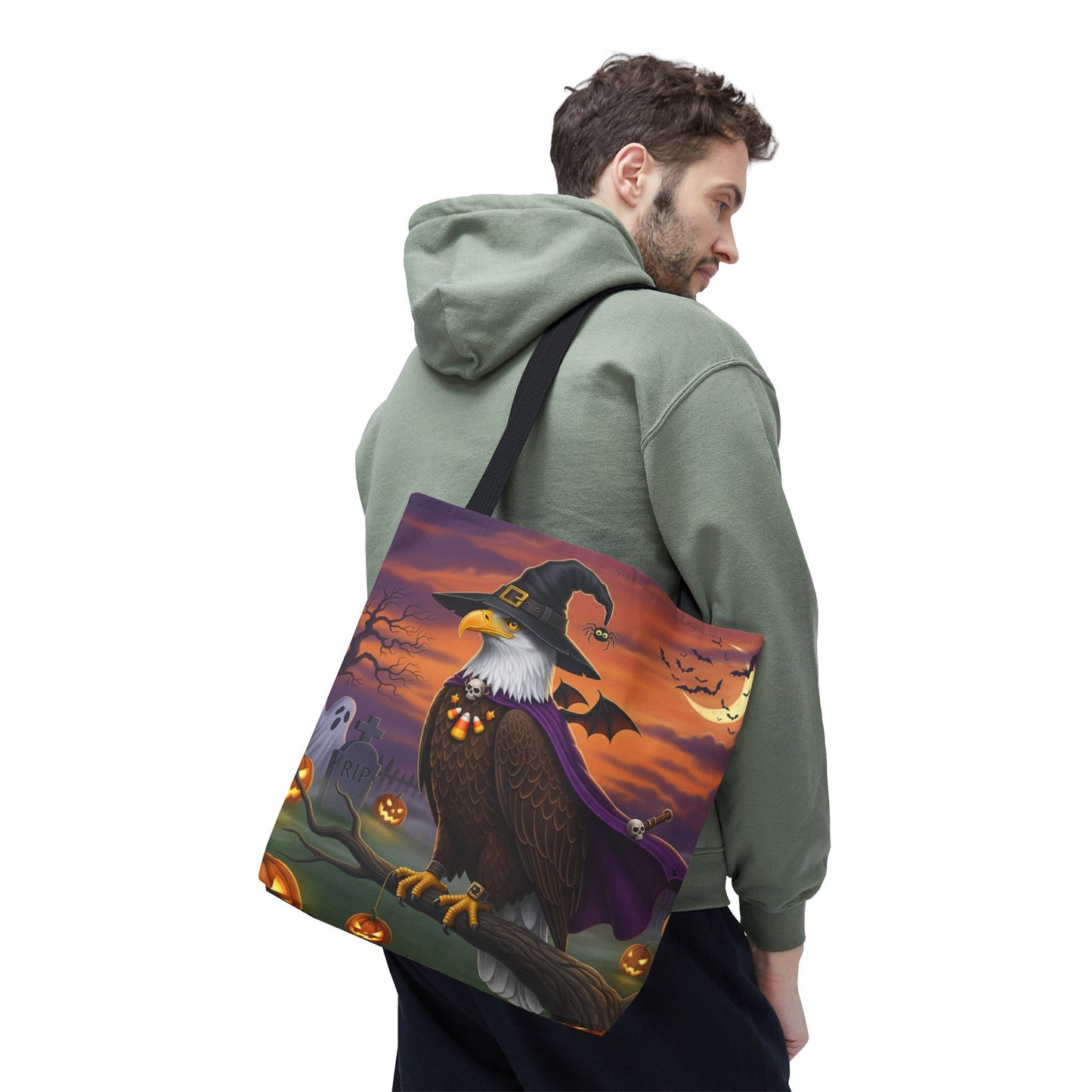 Halloween Bald Eagle Tote Bag: Purple Cape & Witch Hat | 16"x16" Polyester | Bird Decor Accessory