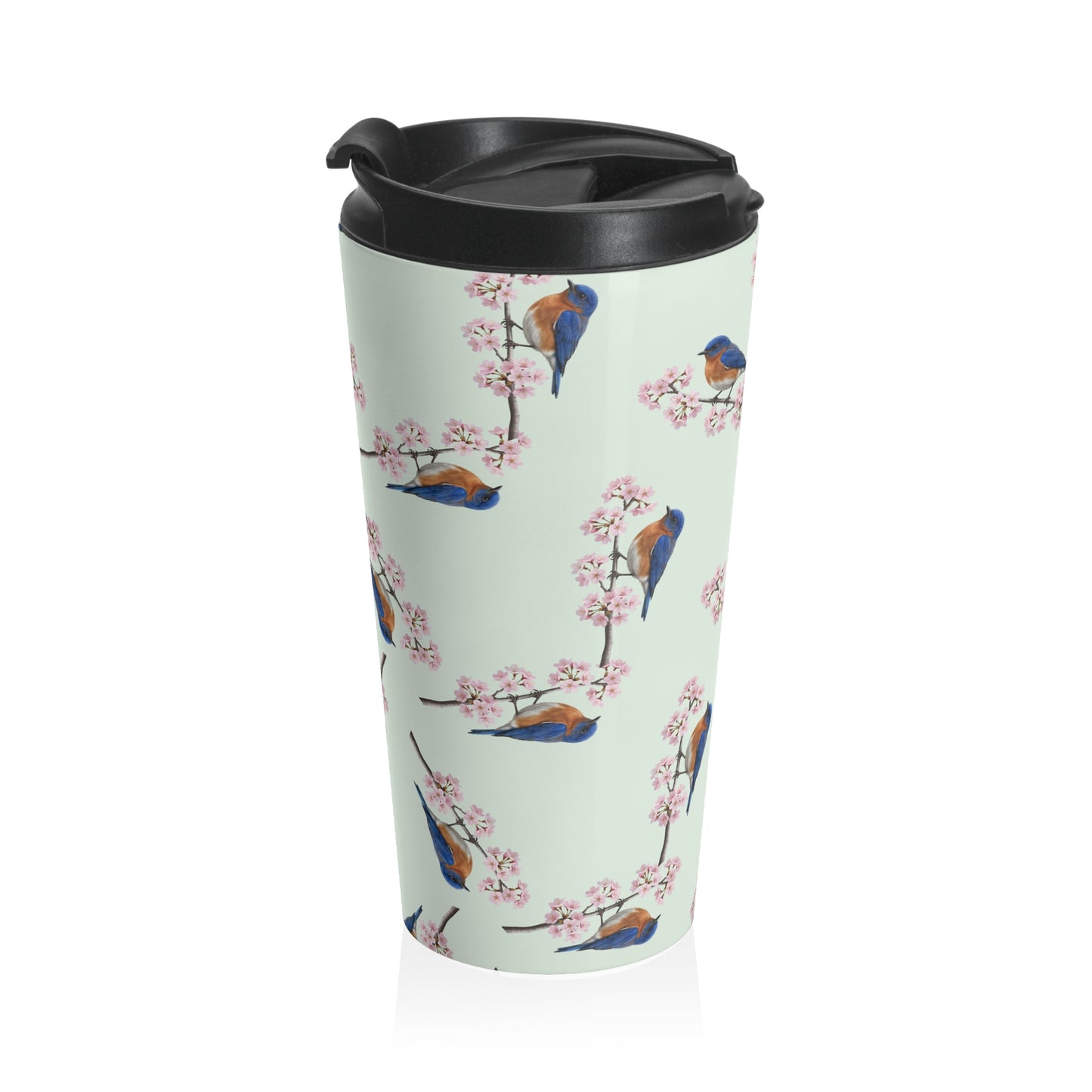 Bluebird Tumbler – & Cherry Blossom Travel Sage Green | 15oz Birdwatching Coffee Mug