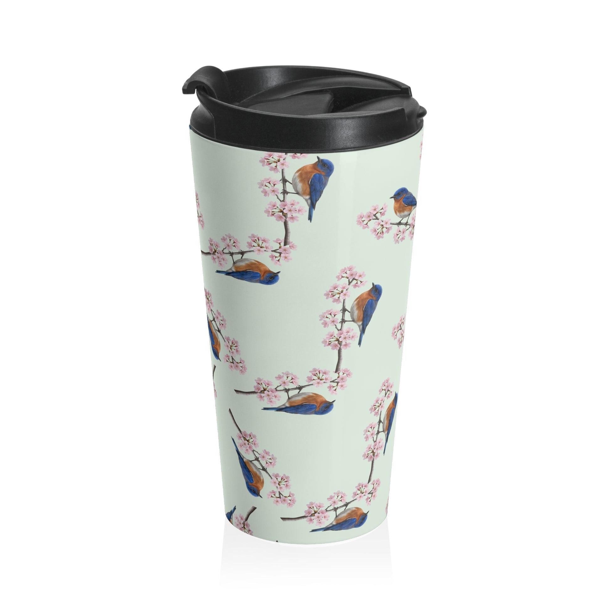Bluebird Tumbler – & Cherry Blossom Travel Sage Green | 15oz Birdwatching Coffee Mug