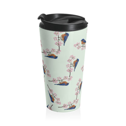 Bluebird Tumbler – & Cherry Blossom Travel Sage Green | 15oz Birdwatching Coffee Mug