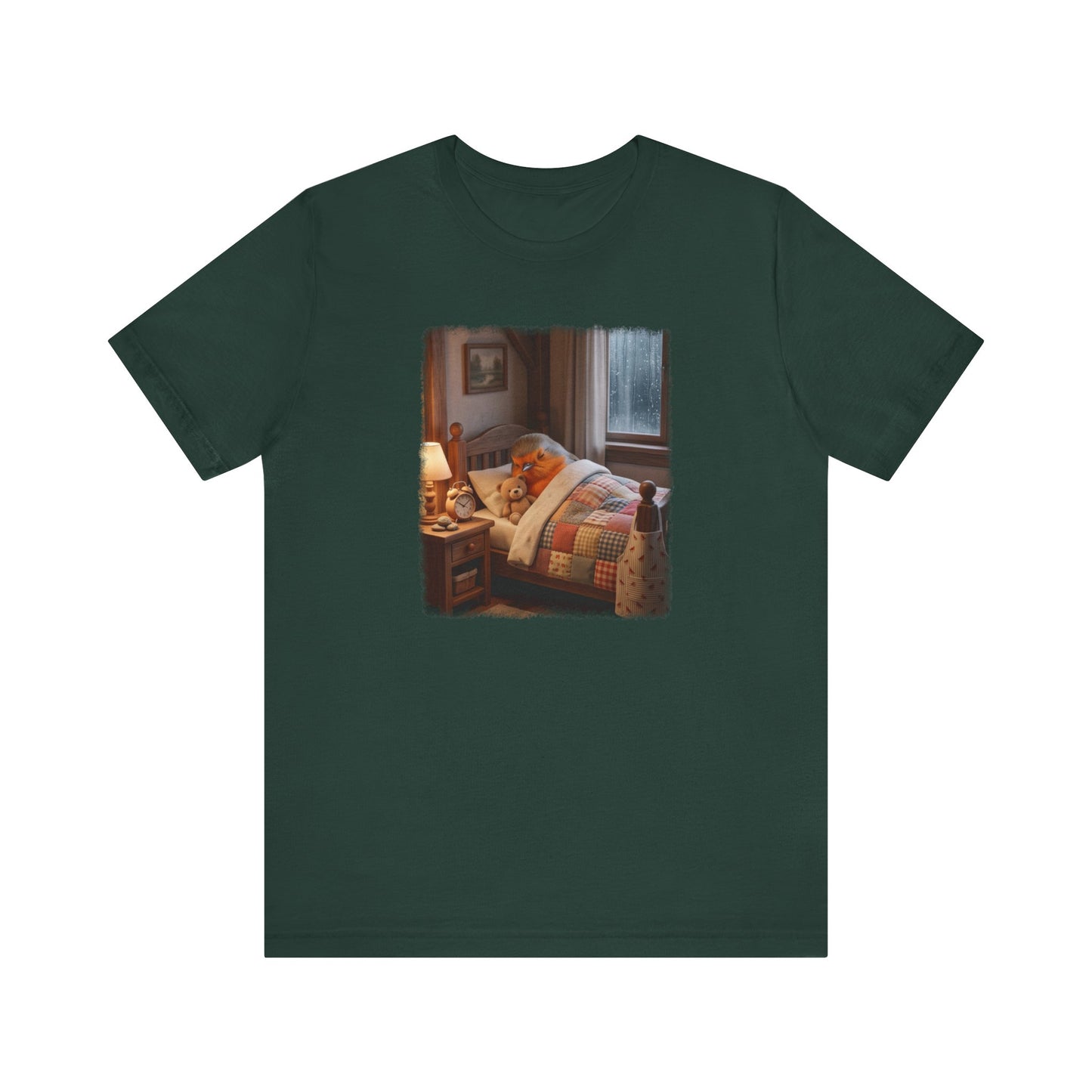 Süßes Rotkehlchen T-Shirt im Bett mit Teddy | Kuscheliges Vogel-Motiv für Langschläfer