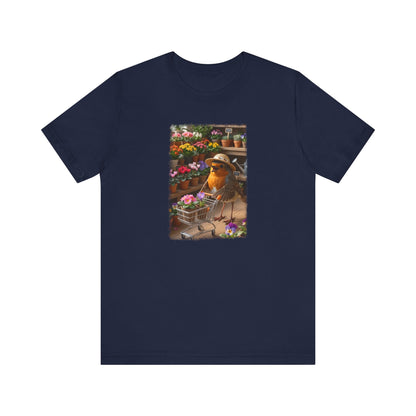 Lustiges Rotkehlchen T-Shirt mit vollem Blumen-Einkaufswagen | Niedliches Pflanzen-Motiv