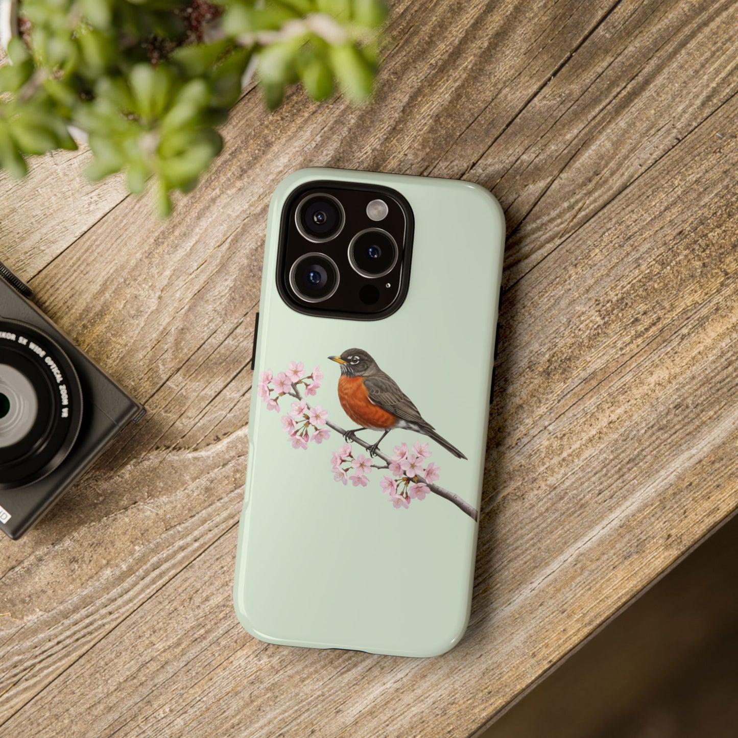 Wanderdrossel Handyhülle in Salbeigrün | Florales Kirschblüten Vogel-Motiv für iPhone & Google Pixel
