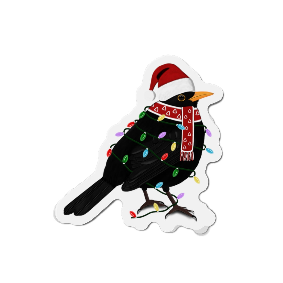 Blackbird with Fairy Lights and Scarf Christmas Bird Magnet