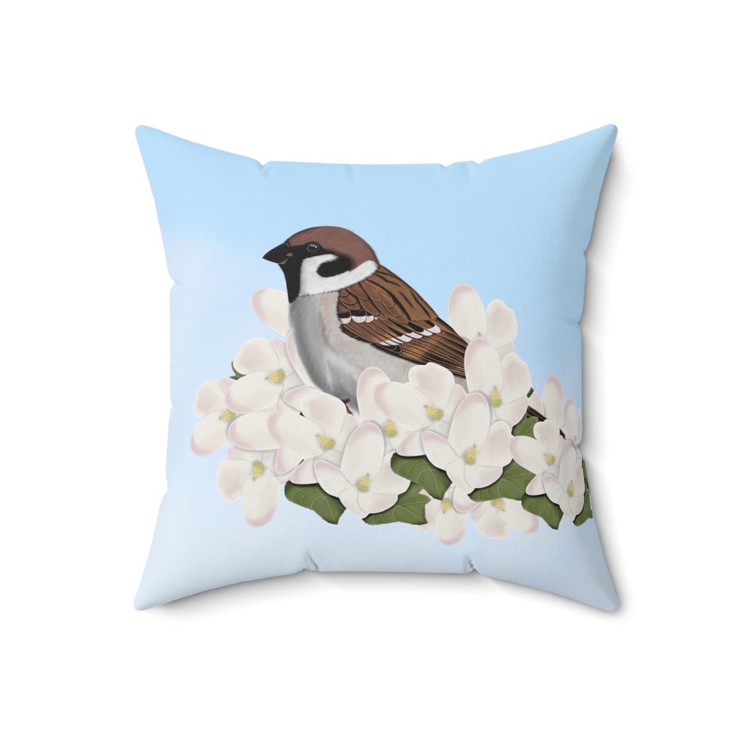 Sparrow and Apple Blossoms Bird Throw Pillow 18"x18"