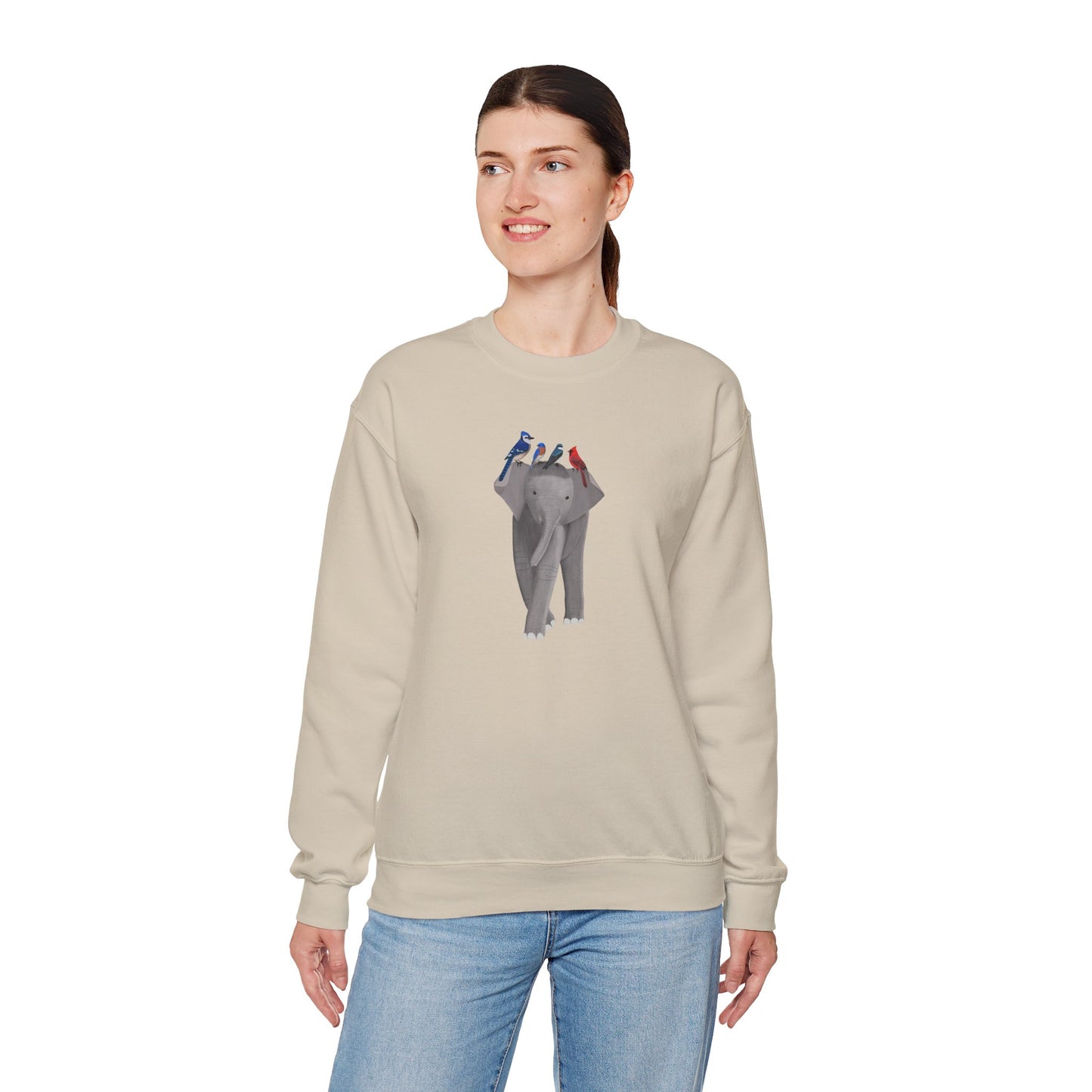 Elephant with Birds Cardinal Blue Jay Bluebird Tree Swallow Sweatshirt