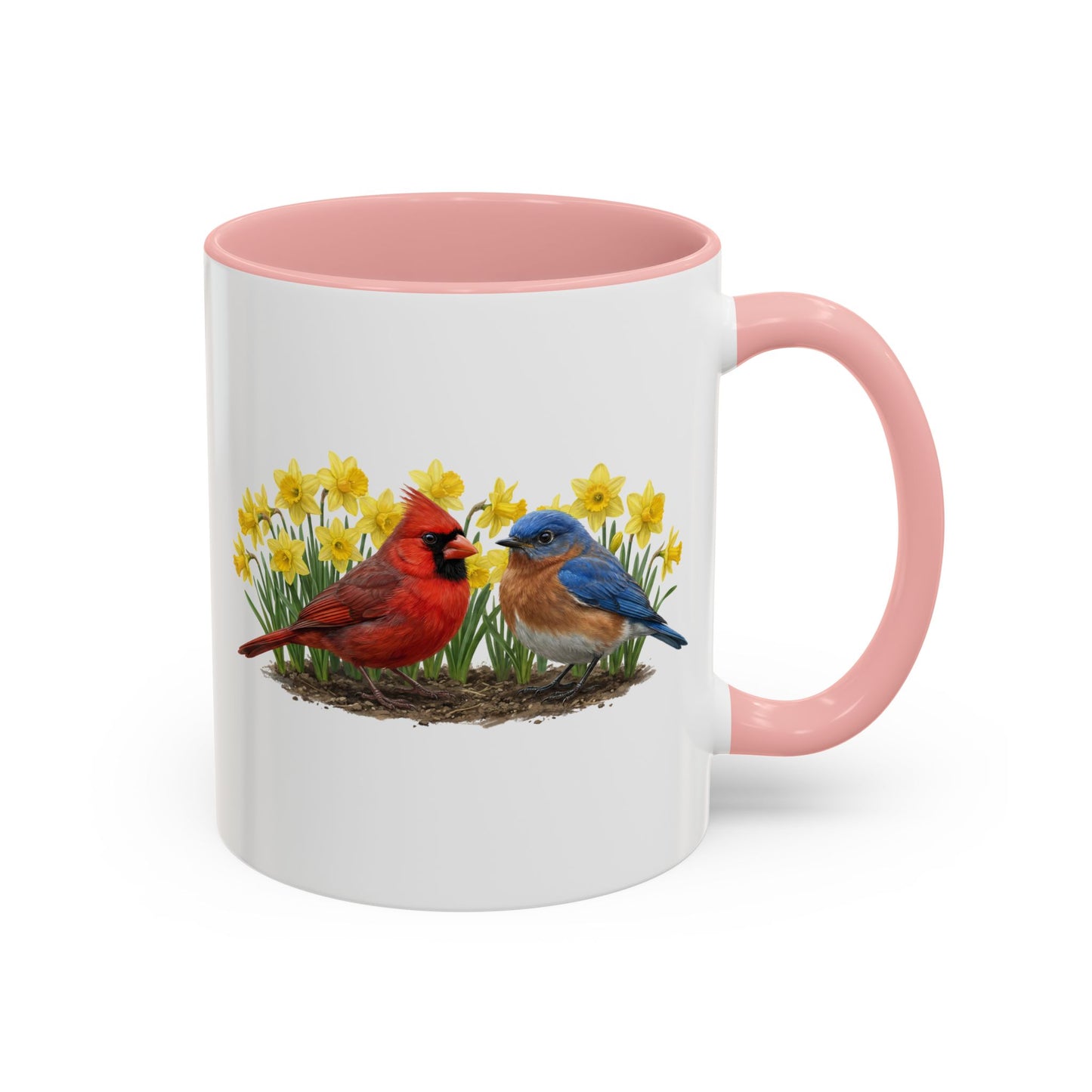 Spring Birds Coffee Mug – Cardinal & Bluebird in Daffodils | Two-Tone Ceramic Cup (11oz & 15oz)