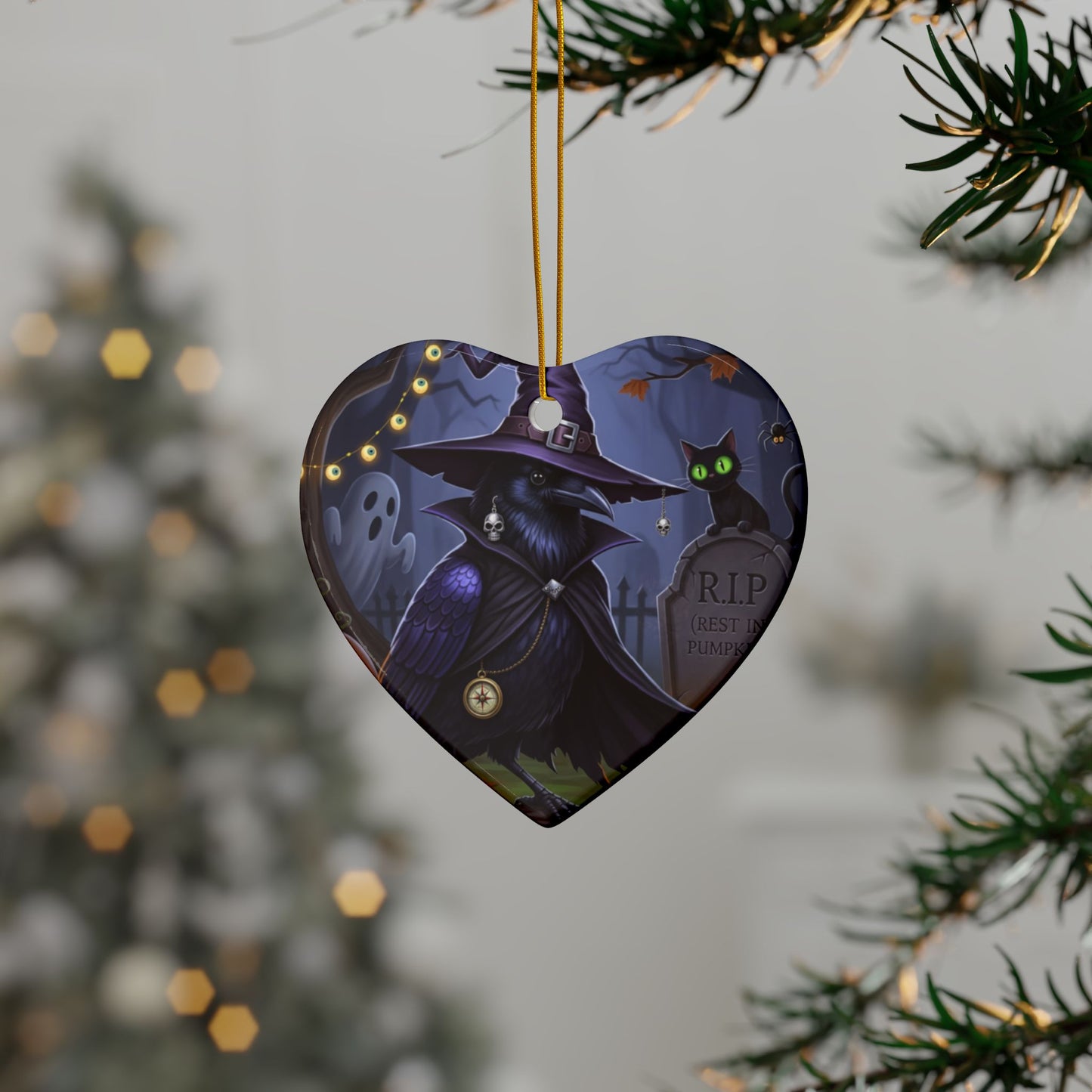 Black Crow Ceramic Bird Halloween Ornament | Double-Sided Spooky Decor