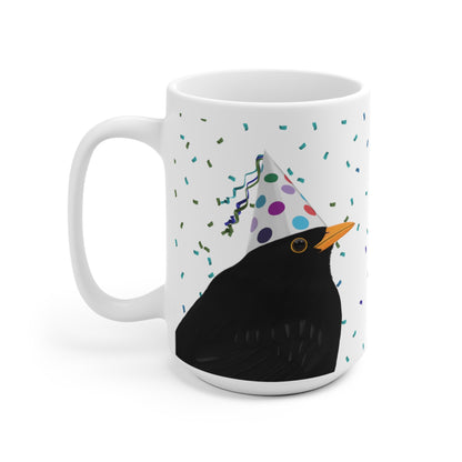 Amsel feiert Geburtstag mit Partyhut und Konfetti Vogel Tasse