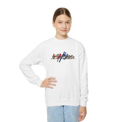 Blue Jay Cardinal Robin Bullfinch on a Branch Bird Birdwatching Youth Crewneck Sweatshirt