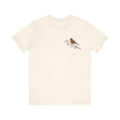 American Robin Cherry Blossom T-Shirt | Floral Spring Tee for Bird Lovers