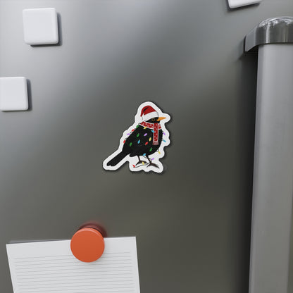 Blackbird with Fairy Lights and Scarf Christmas Bird Magnet