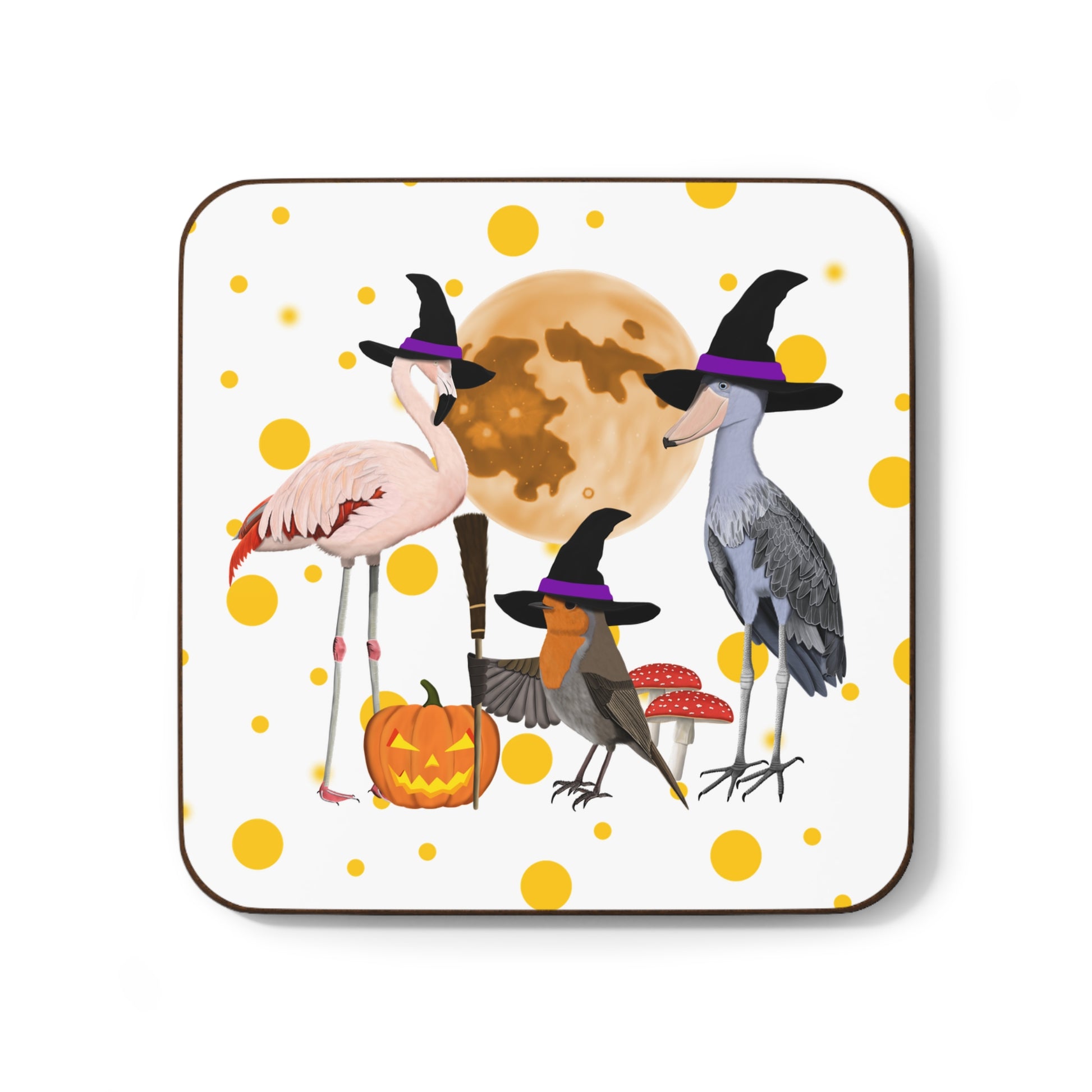 Shoebill Flamingo Robin Orange Dots Halloween Hardboard Coaster