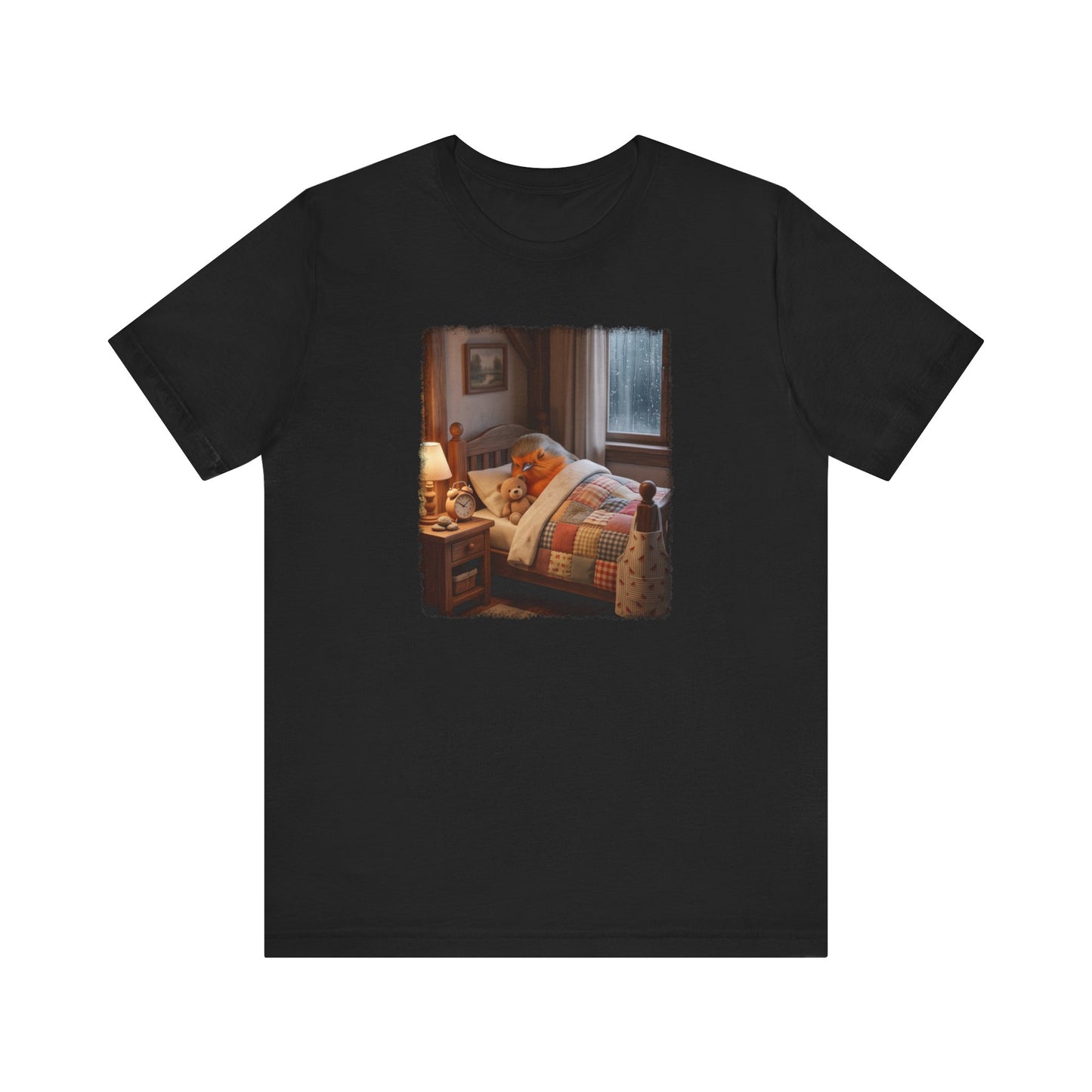 Süßes Rotkehlchen T-Shirt im Bett mit Teddy | Kuscheliges Vogel-Motiv für Langschläfer