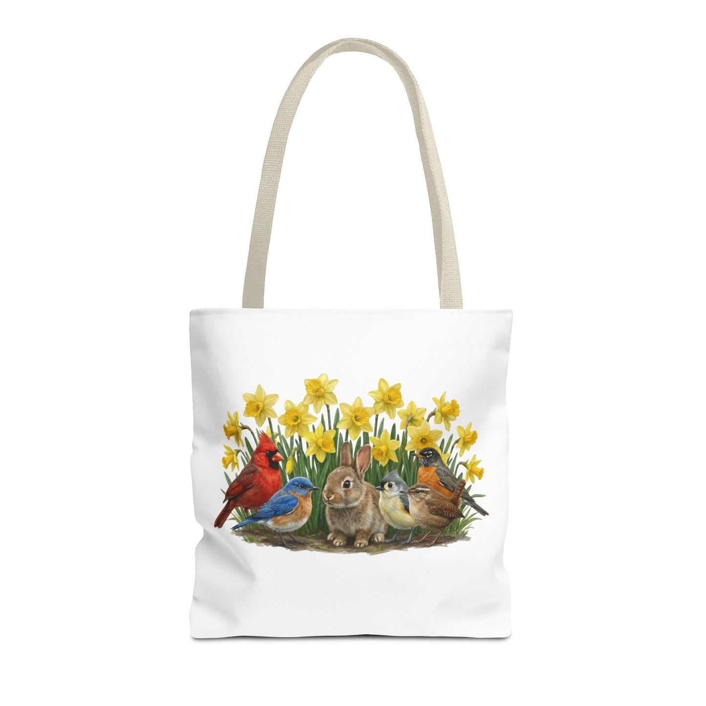 Spring Tote Bag – Cardinal, Bluebird & Bunny | Reusable Easter Basket & Market Shopper (16"x16")