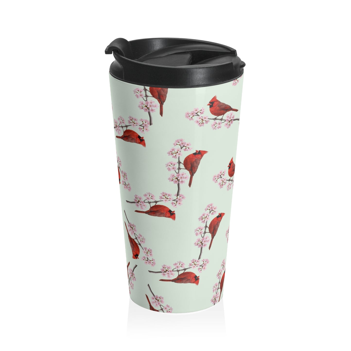Northern Cardinal Tumbler – & Cherry Blossom Travel Sage Green | 15oz Birdwatching Coffee Mug