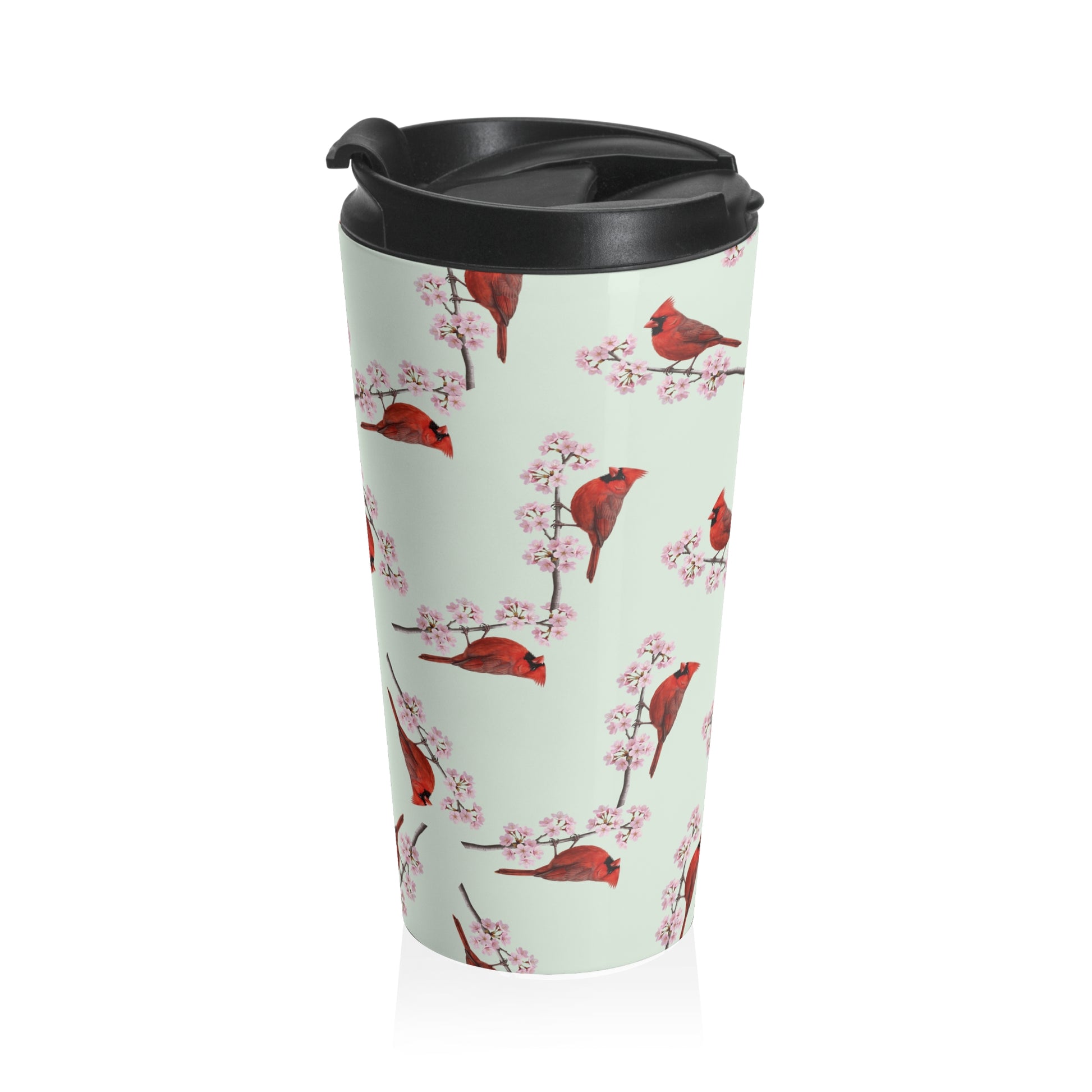 Northern Cardinal Tumbler – & Cherry Blossom Travel Sage Green | 15oz Birdwatching Coffee Mug