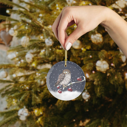 Little Owl on a Winter Branch Christmas Bird Glass Ornament