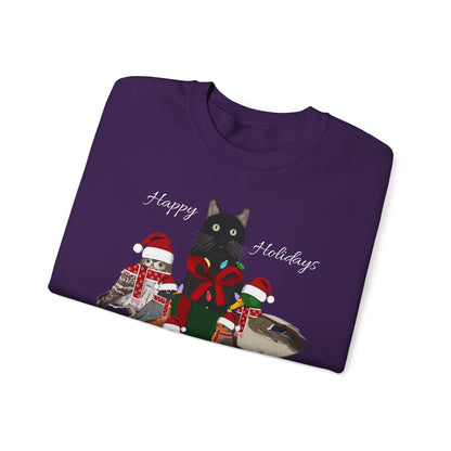 Robin Mallard Oriole Owl with Cat in a Box and Fairy Lights Happy Holidays Christmas Bird Sweatshirt