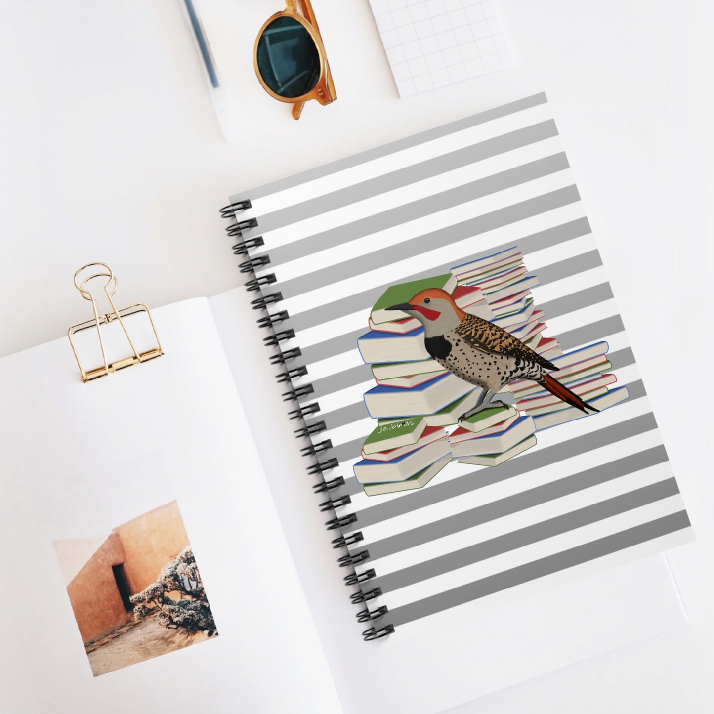 Northern Flicker Bird with Books Birdlover Bookworm Spiral Notebook Ruled Line 6" x 8"