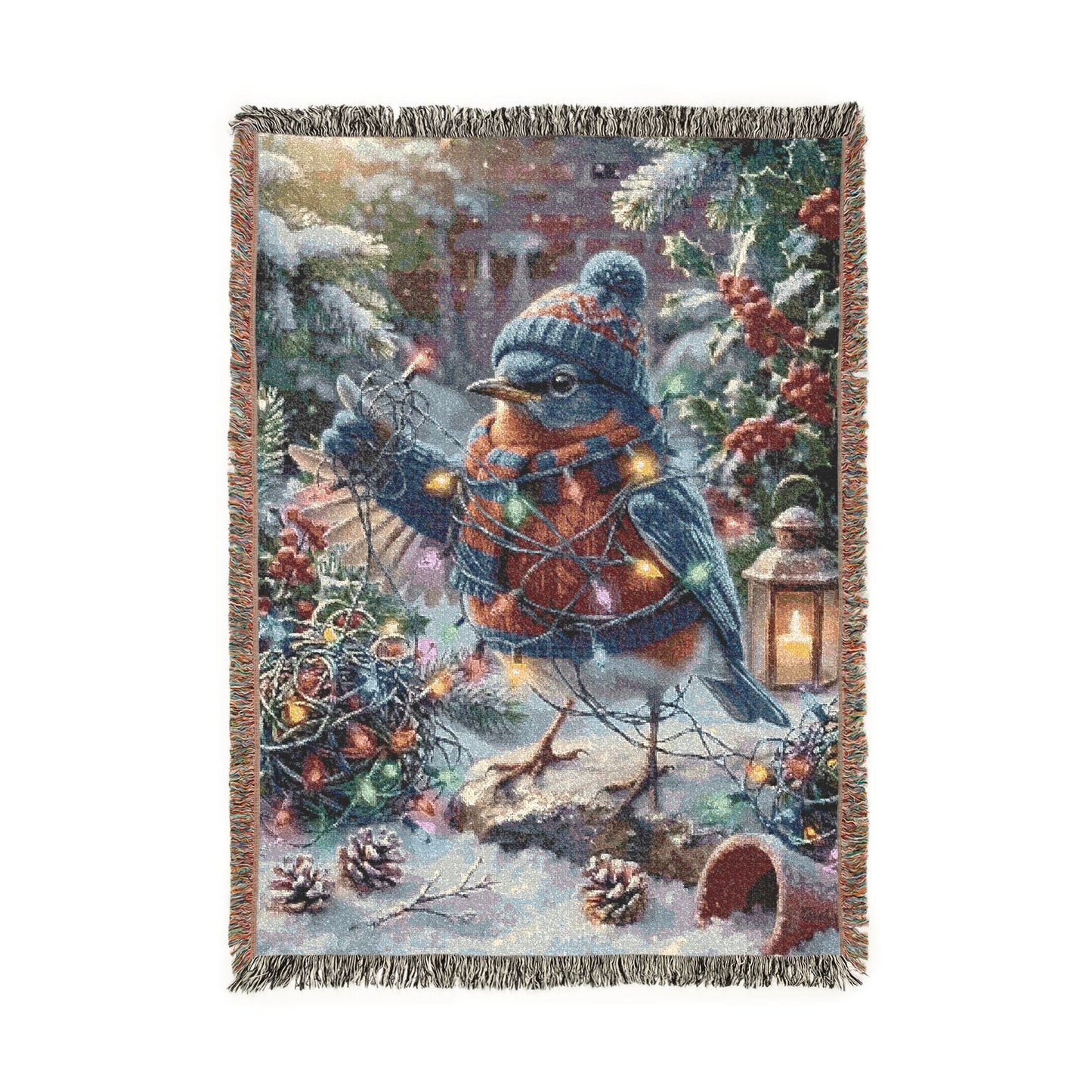 A rectangular woven throw blanket with fringed edges, featuring a whimsical winter forest scene with a bluebird, evergreen branches, pinecones, red berries, and warm string lights, shown on a plain white background.