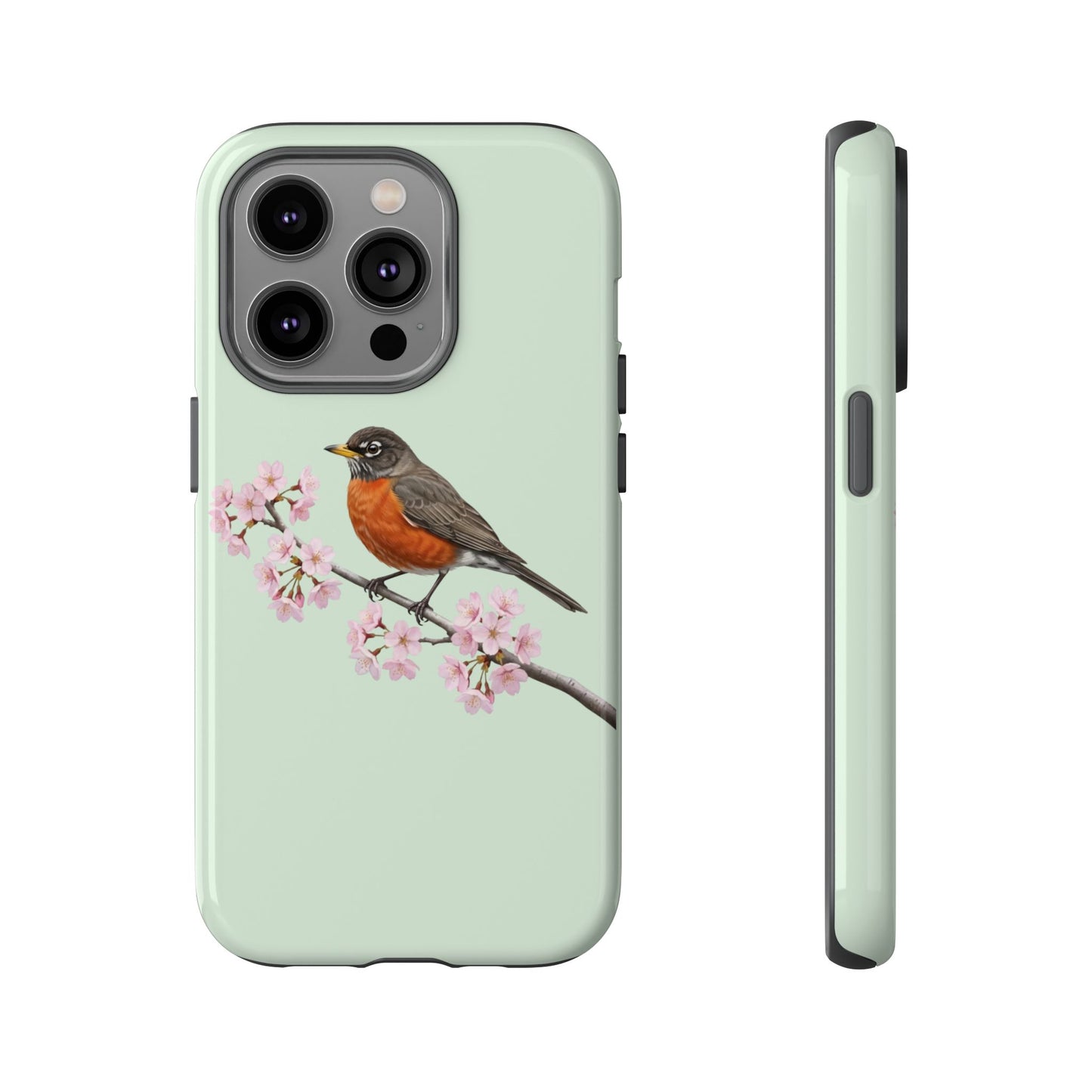 Wanderdrossel Handyhülle in Salbeigrün | Florales Kirschblüten Vogel-Motiv für iPhone & Google Pixel