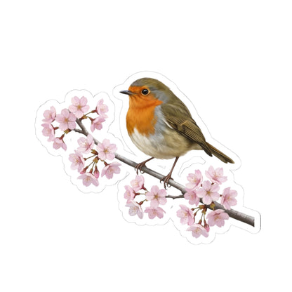 European Robin Cherry Blossom Sticker | Glossy Floral Bird Decal Spring Laptop – Stickers